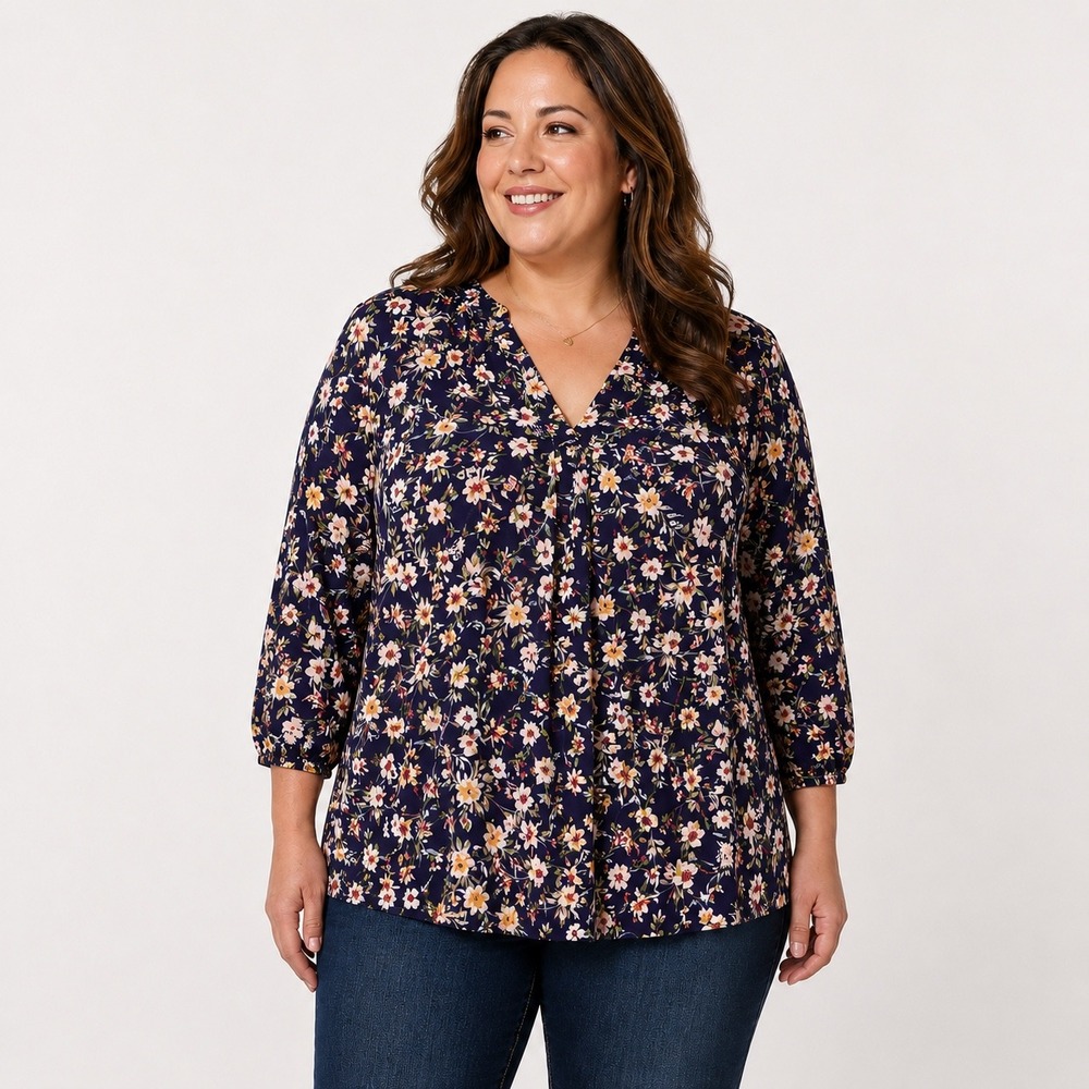 Two By Vince Camuto Floral V-Neck Blouse 2X Blue 3/4 Sleeve Stretch Flowy Boho